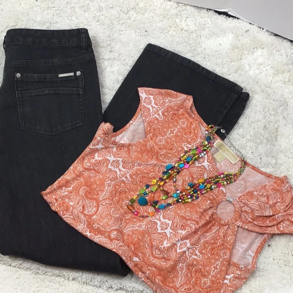 Michael Kors black bootcut jeans + MMK top